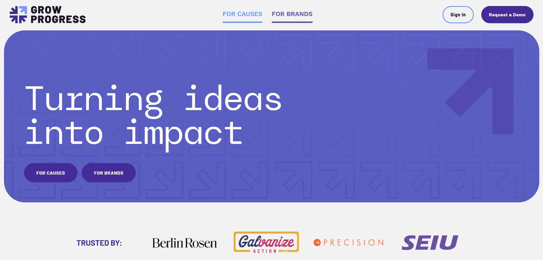 A large purple logo with a slogan